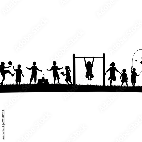 Children playing various games on playground silhouette