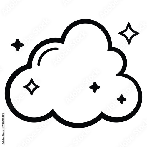 Black and white outline icon of a magical cloud with stars