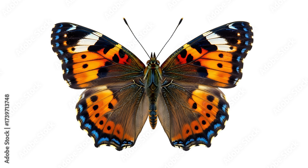 Naklejka premium Borboleta monarca laranja e preto, inseto Lepidoptera de beleza colorida com asas isoladas em fundo branco