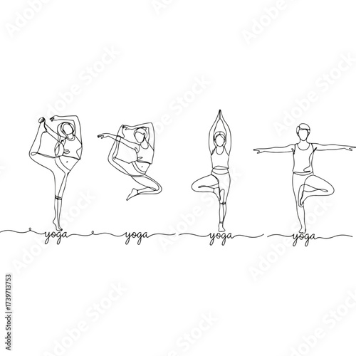 Woman performing yoga poses in continuous line art illustration