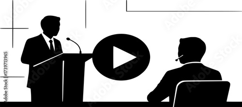 
People with a play button icon. Web conference, online presentation or watching movies concept vector