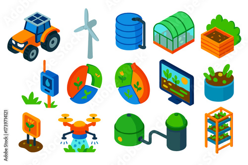 Sustainable Farming Icons. Isometric vector illustration set Sustainable Agriculture Tech: solar-powered tractor, wind turbine,