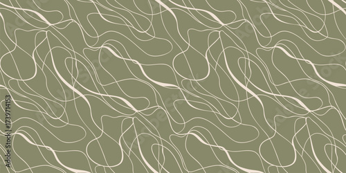 Abstract line seamless pattern. Stylish minimal vector background with curvy lines, threads, ropes, fluid shapes. Trendy green organic texture. Repeated design for decor, wallpaper, print, textile