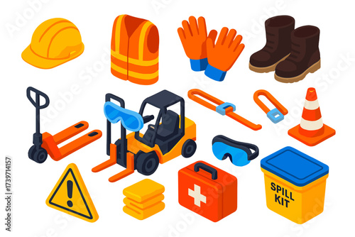 PPE for Cargo Operations. Isometric vector illustration set PPE for Cargo Operations: hard hat, safety vest, gloves, boots,