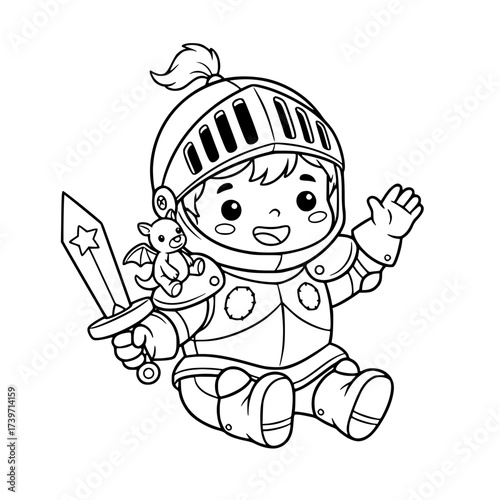 Boy knight holding sword shield outline illustration