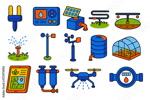 Smart Irrigation Technology. Isometric vector illustration set Smart Irrigation Management: moisture sensor, irrigation controller