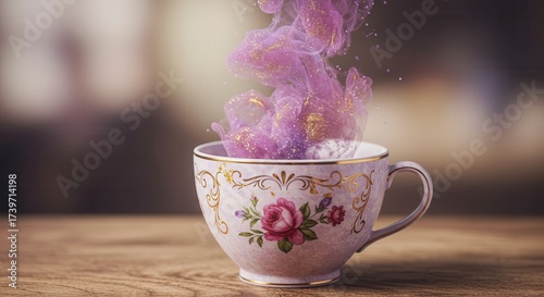 Decorative teacup is seen on wooden table with bright purple liquid substance floating out, creating an artistic and dreamy visual.
