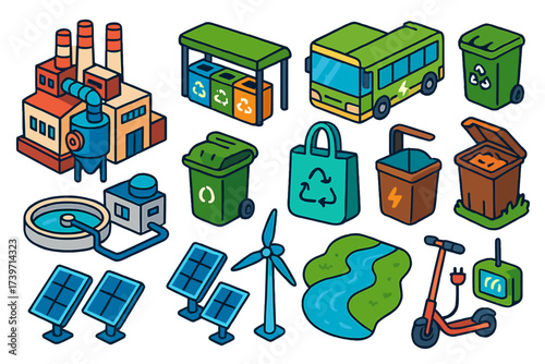 Pollution Prevention Icons. Isometric vector illustration set Pollution Prevention: factory with filter system, trash sorting