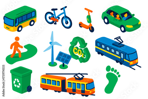 Eco Transportation Icons. Isometric vector illustration set Eco Transportation: electric bus, e-bike, electric scooter, carpooling