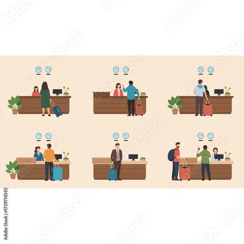 People checking in at hotel reception desk with luggage