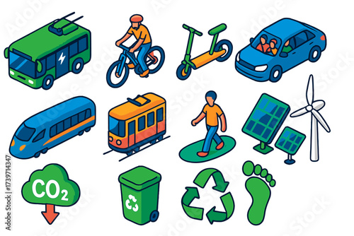 Eco Transportation Icons. Isometric vector illustration set Eco Transportation: electric bus, e-bike, electric scooter, carpooling