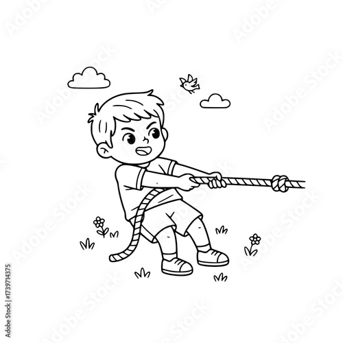 Boy playing tug of war outline illustration