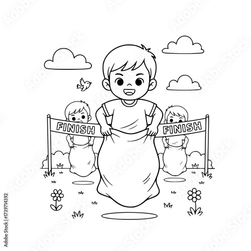 Boy group sack race competition coloring page