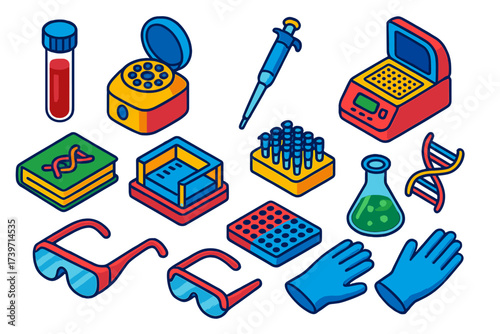 DNA Testing Equipment. Isometric vector illustration set DNA Testing Equipment: test tube, centrifuge, micropipette, PCR machine,