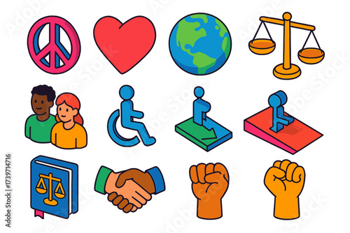 Harmony Icons Set. Isometric vector illustration set Harmony and Rights: peace symbol, heart, globe, balanced scales, law book,