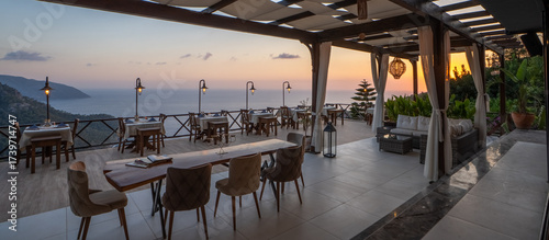 Canvas Print Sunset Restaurant Atmosphere with Sea View
