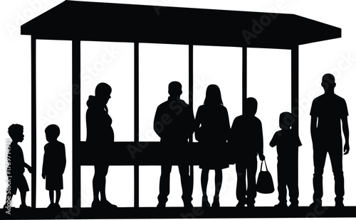 Children and adults waiting at bus stops silhouette vector illustration.