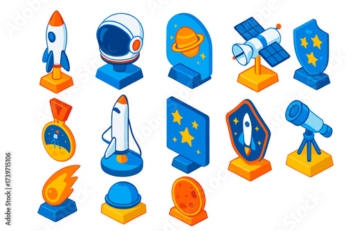 Space Exploration Awards. Isometric vector illustration set Space exploration awards: rocket trophy, astronaut helmet award,