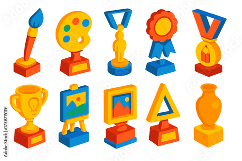 Vibrant Art Awards. Isometric vector illustration set Art awards: paintbrush trophy, palette-shaped plaque, sculpture medal, art