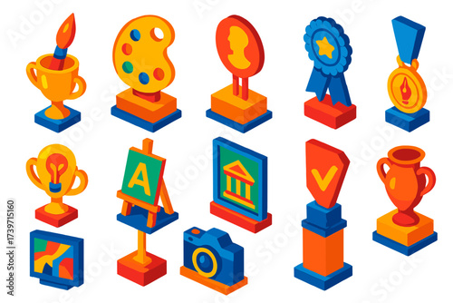 Vibrant Art Awards. Isometric vector illustration set Art awards: paintbrush trophy, palette-shaped plaque, sculpture medal, art