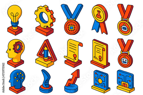 Colorful Innovation Awards. Isometric vector illustration set Innovation awards: light bulb trophy, gear-shaped plaque, tech