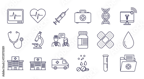 Comprehensive Healthcare and Medical Outline Icons Set for Digital Design