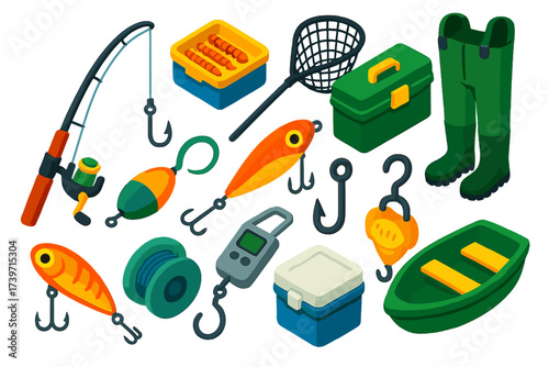 Miniature Fishing Gear Icons. Isometric vector illustration set Mini fishing sports: fishing rod, reel, bait box, fishing net,