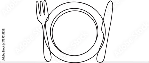  Continuous line art of a tableware set consisting of a plate, fork, and knife