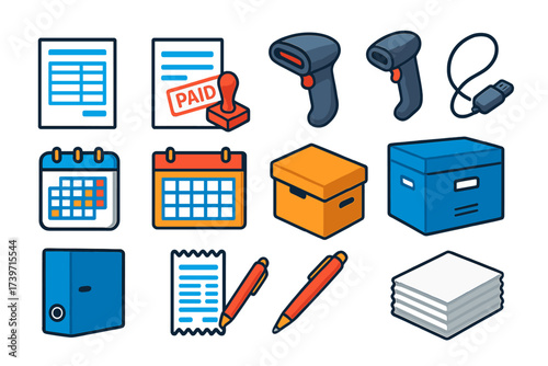 Business Essentials Icons. Isometric vector illustration set Business paperwork: printed invoice, paid invoice stamp, barcode