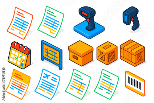 Shipping Documents Icons Set. Isometric vector illustration set Shipping documents: commercial invoice, proforma invoice, barcode