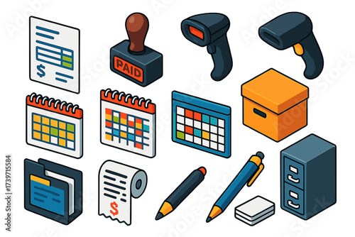 Business Essentials Icons. Isometric vector illustration set Business paperwork: printed invoice, paid invoice stamp, barcode