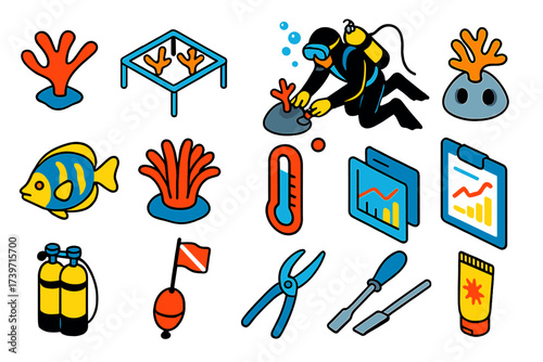 Coral Reef Restoration Icons. Isometric vector illustration set Coral reef restoration: coral fragment, coral nursery frame, scuba