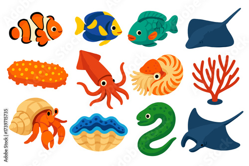 Vibrant Sealife Icons. Isometric vector illustration set Sealife diversity: clownfish, angelfish, parrotfish, stingray, sea