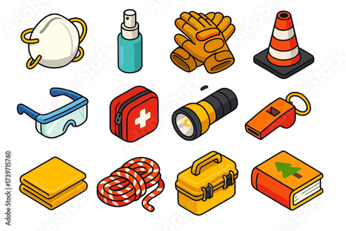 Emergency Gear Essentials. Isometric vector illustration set Emergency preparedness: N95 mask, pocket sanitizer spray, tactical