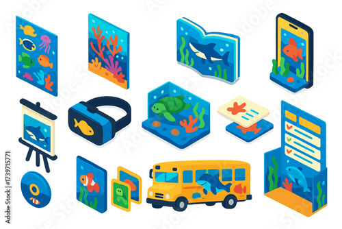 Ocean Education Materials. Isometric vector illustration set Educational ocean materials: marine species chart, coral reef poster,