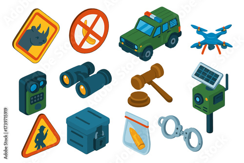 Anti-Poaching Efforts Icons. Isometric vector illustration set Anti-poaching efforts: rhino horn awareness sign, elephant tusk ban