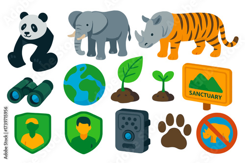 Wildlife Conservation Icons. Isometric vector illustration set Wildlife conservation: giant panda, African elephant, white rhino,