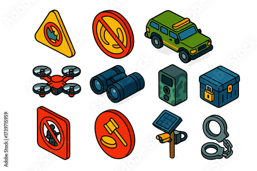 Anti-Poaching Efforts Icons. Isometric vector illustration set Anti-poaching efforts: rhino horn awareness sign, elephant tusk ban