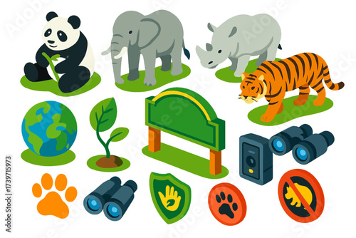 Wildlife Conservation Icons. Isometric vector illustration set Wildlife conservation: giant panda, African elephant, white rhino,