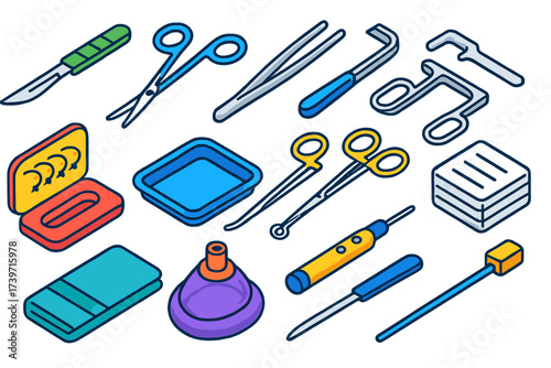 Colorful Surgical Tools. Isometric vector illustration set Surgical tools: scalpel, surgical scissors, forceps, retractors, suture