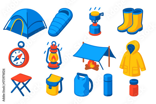 Rainy Day Camping Icons. Isometric vector illustration set Rainy day camping: waterproof tent, synthetic sleeping bag, rainproof