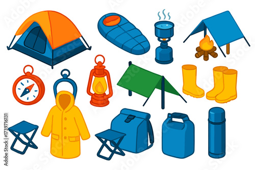 Rainy Day Camping Icons. Isometric vector illustration set Rainy day camping: waterproof tent, synthetic sleeping bag, rainproof