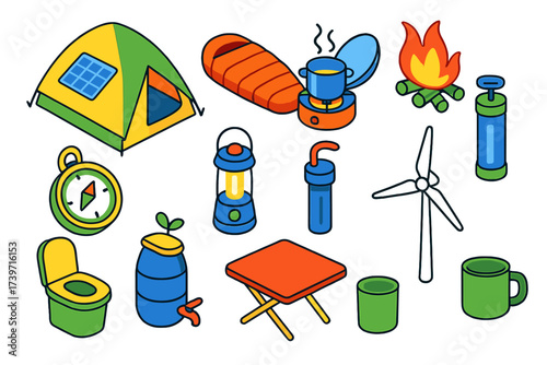 Off-Grid Camping Essentials. Isometric vector illustration set Off-grid camping: solar tent, insulated sleeping bag, solar stove,