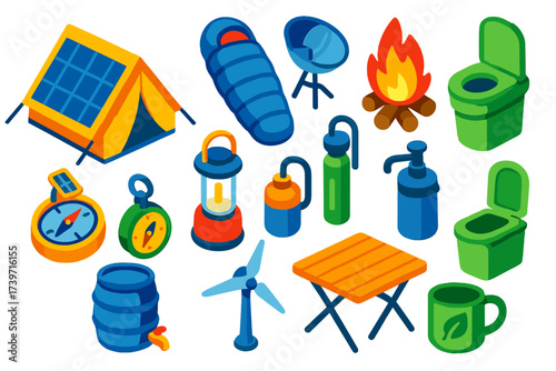 Off-Grid Camping Essentials. Isometric vector illustration set Off-grid camping: solar tent, insulated sleeping bag, solar stove,