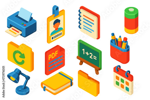 Bold Education Tools. Isometric vector illustration set Education printing tools: school printer, student barcode card, class