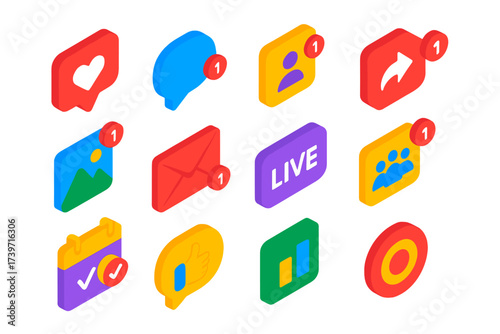 Vibrant Social Media Icons. Isometric vector illustration set Social media notifications: heart like icon, comment bubble, new