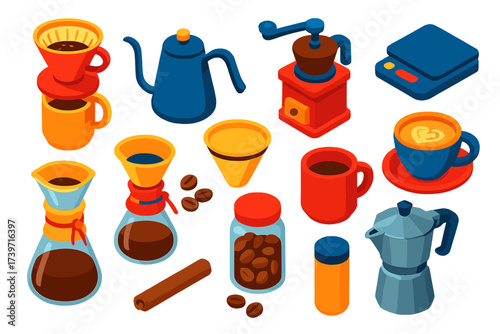 Artisan Coffee Essentials. Isometric vector illustration set Artisan coffee brewing: pour-over dripper, gooseneck kettle, manual
