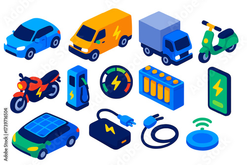 Electric Mobility Icons. Isometric vector illustration set Electric mobility: compact EV car, delivery e-van, electric truck,