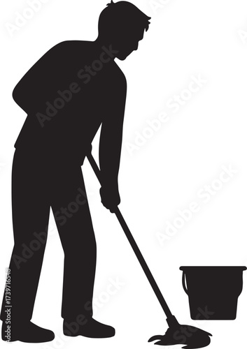 Silhouette of a person mopping with a bucket janitor cleaning