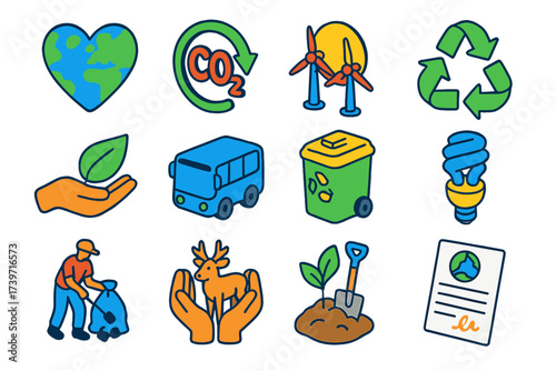 Climate Action Icons. Isometric vector illustration set Climate action symbols: earth heart icon, CO2 reduction symbol, renewable